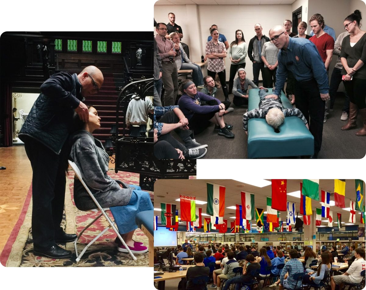 Dr. Eric Plasker adjusting a patient, teaching postgraduate training to chiropractors, and speaking to a school assembly