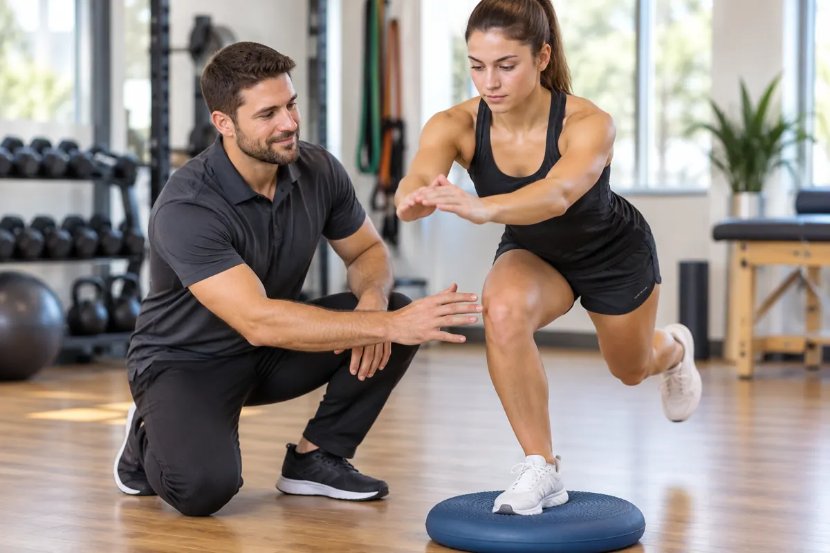 Dr. Sam Ebberlein coaching an athlete through a single-leg balance exercise