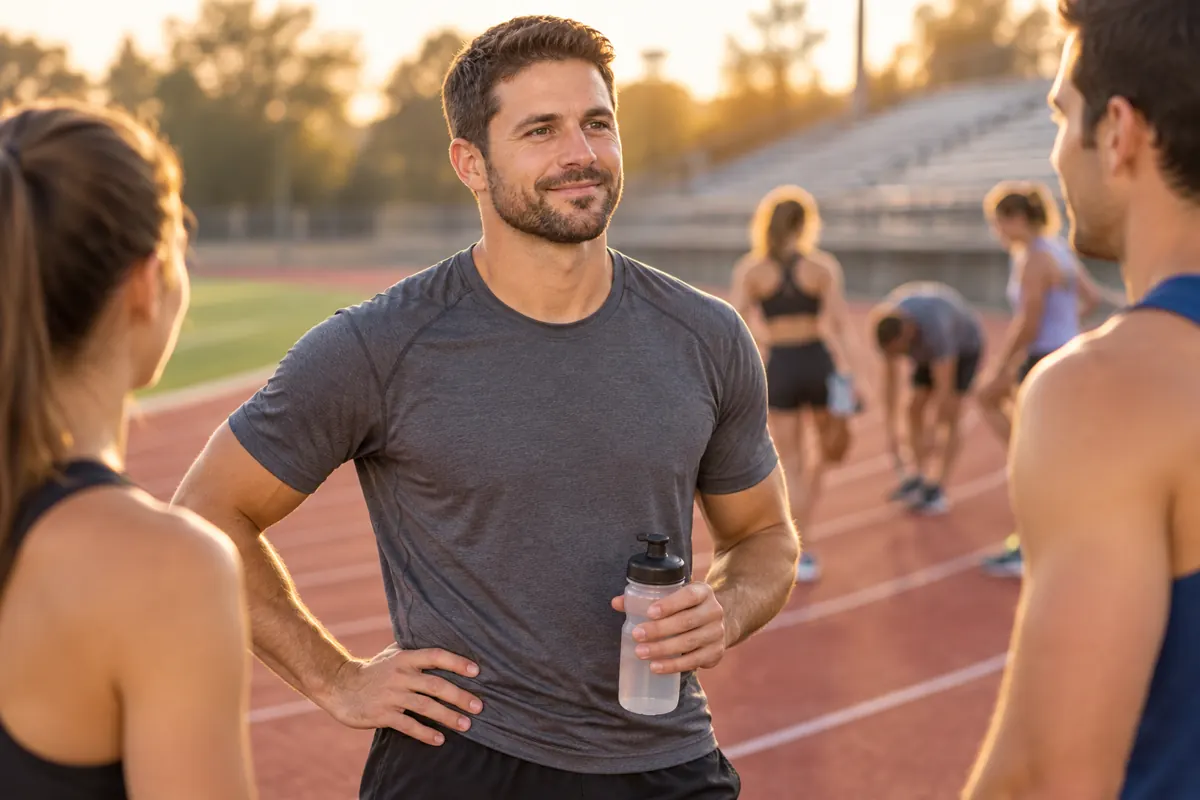 Dr. Sam Ebberlein talking with distance runners at an early-morning track session